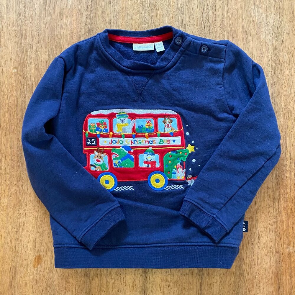 JoJo Maman Bébé Christmas sweatshirt, size 3-4, navy, applique bus design, kids